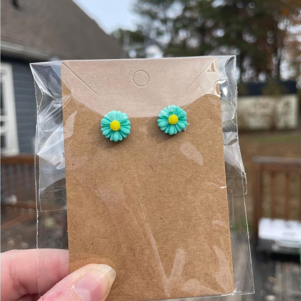Hand-Pieced Turquoise and Yellow Flower Stud Earrings